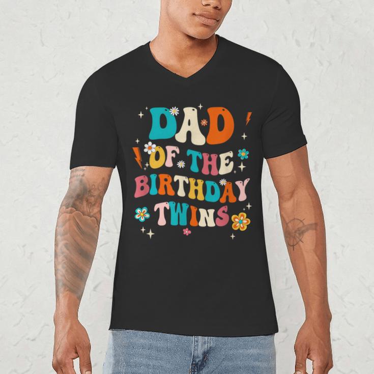 Dad Of The Birthday Twins Boys Girls Party Retro Bday Men's V-Neck T-Shirt