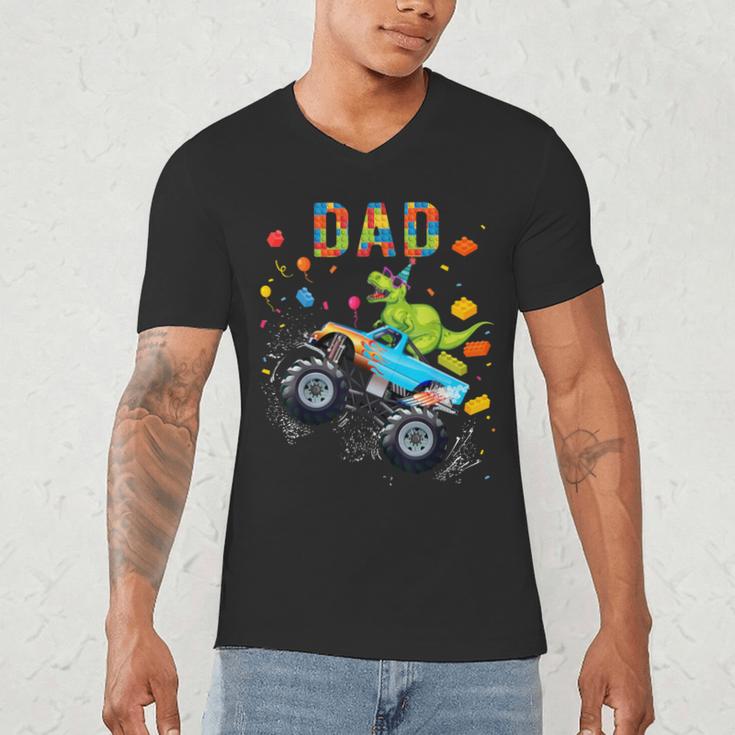 Dad Building Blocks Monster Truck Dinosaur Birthday Men's V-Neck T-Shirt