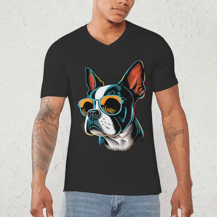 Dad Mom Cool Dog Sunglasses Boston Terrier Men's V-Neck T-Shirt Dad Mom Cool Dog Sunglasses Boston Terrier Men's V-Neck T-Shirt