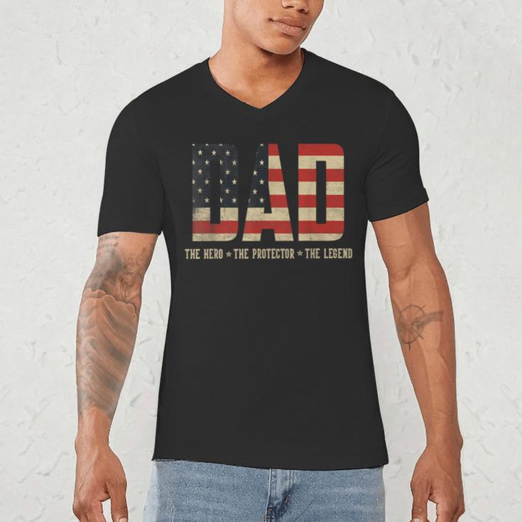 Dad Protector Hero Legend USA Flag Dad Father's Day Men's V-Neck T-Shirt Dad Protector Hero Legend USA Flag Dad Father's Day Men's V-Neck T-Shirt