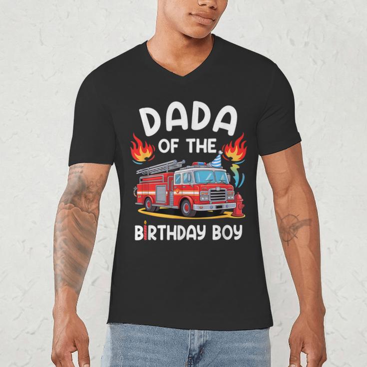 Dada Of The Birthday Boy Fire Truck Firefighter 1St Party Men's V-Neck T-Shirt