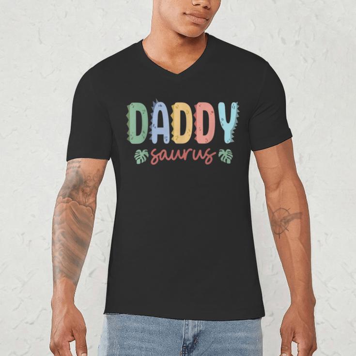 Daddy Saurus Dad Dinosaur Three Rex Birthday Boy Girl Family Men's V-Neck T-Shirt