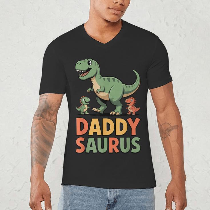 Daddy Saurus Dinosaur Dad Of Two Kids Dino Family Men's V-Neck T-Shirt Daddy Saurus Dinosaur Dad Of Two Kids Dino Family Men's V-Neck T-Shirt