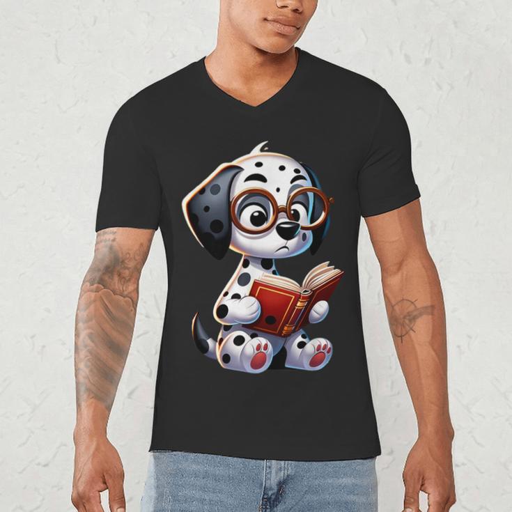 Dalmatian Reading a Book Dog Men's V-Neck T-Shirt