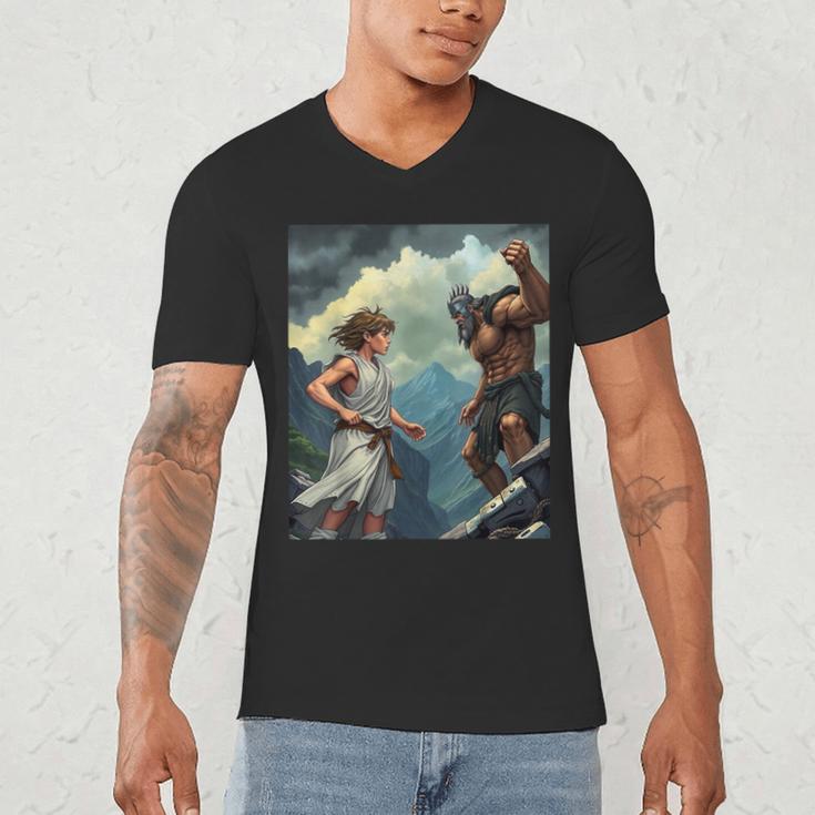 David And Goliath Bible Book Of Samuel King David Comic Men's V-Neck T-Shirt David And Goliath Bible Book Of Samuel King David Comic Men's V-Neck T-Shirt