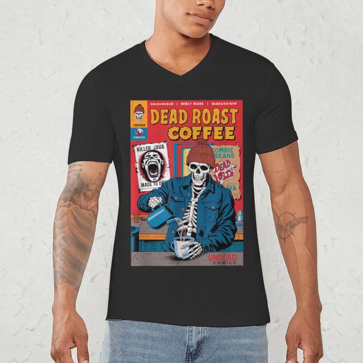 Dead Roast Coffee Comic Book Cover Style Skeleton Barista Men's V-Neck T-Shirt