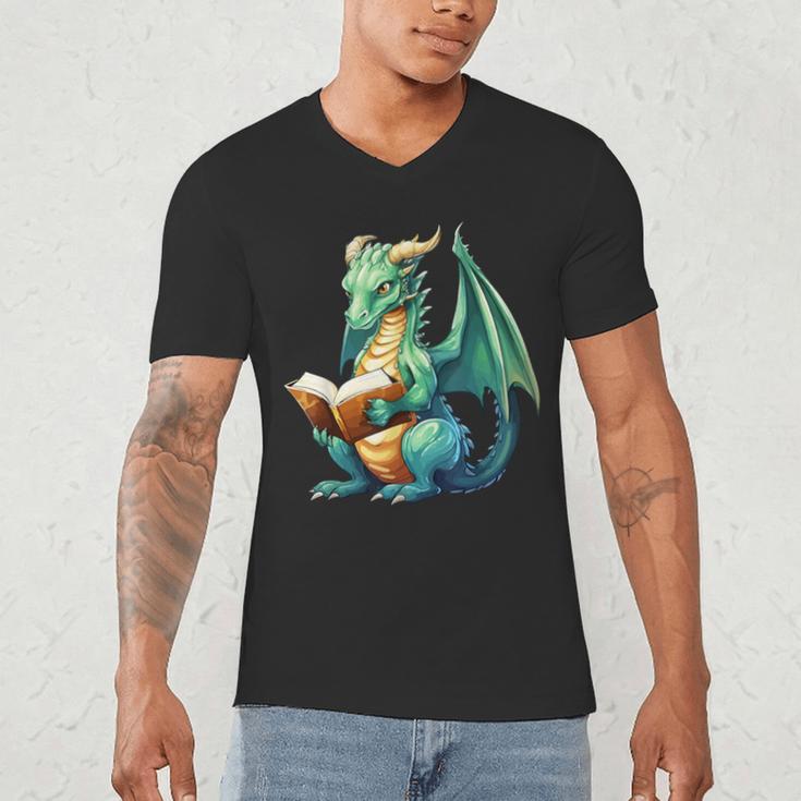 Dragon With Book Men's V-Neck T-Shirt