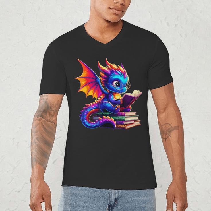 Dragon Reading a Book Bookworm Book Lover Men's V-Neck T-Shirt