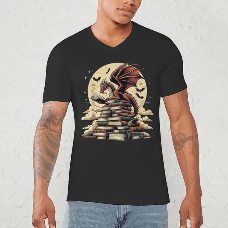 Dragon Reading a Book Dragons And Books Lover Bookworm Men's V-Neck T-Shirt