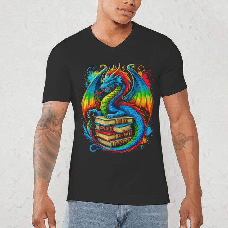 Dragon Reading Colorful Fantasy Book Lover Men's V-Neck T-Shirt Dragon Reading Colorful Fantasy Book Lover Men's V-Neck T-Shirt