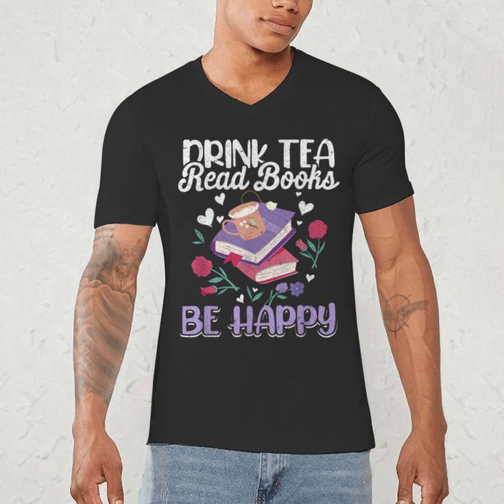 Drink Tea Read Books Be Happy Book Lover Reading Men's V-Neck T-Shirt