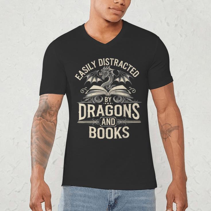 Easily Distracted By Books & Dragons Bookworm Reading Men's V-Neck T-Shirt