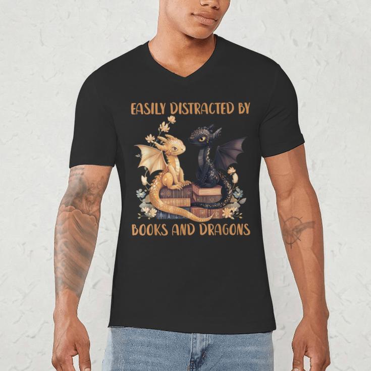 Easily Distracted By Books & Dragons Librarian Book Lover Men's V-Neck T-Shirt