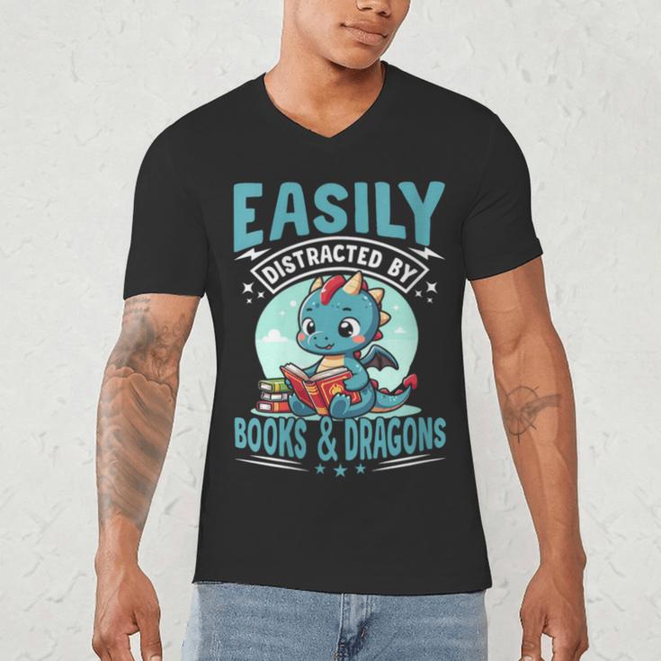 Easily Distracted By Books And Dragons Nerds Men's V-Neck T-Shirt