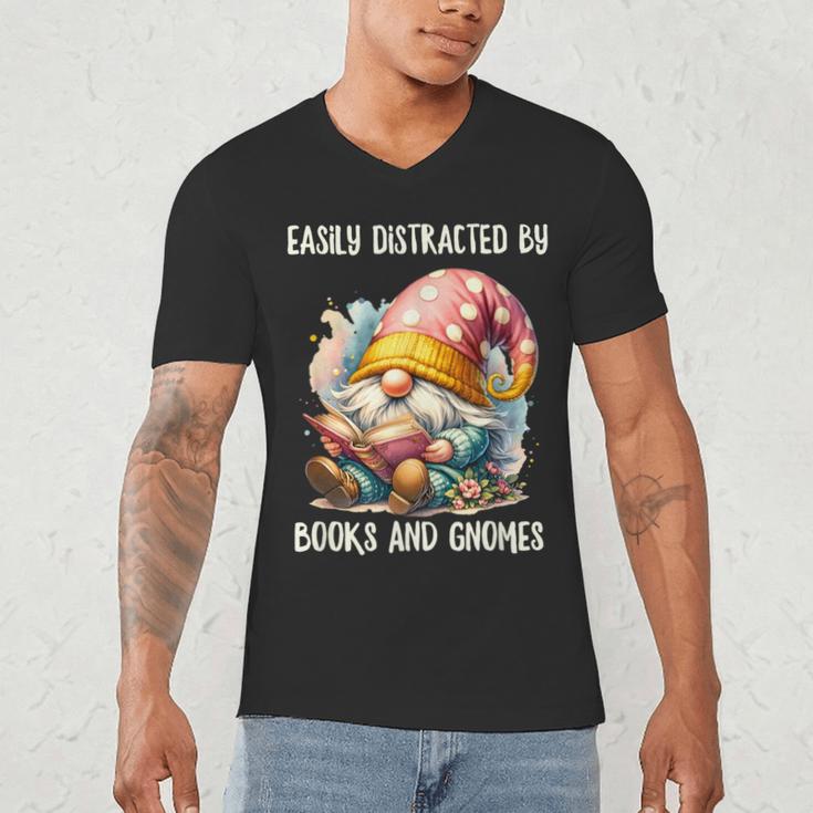 Easily Distracted By Books And Gnomes Book Reading Gnome Men's V-Neck T-Shirt