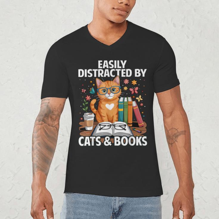 Easily Distracted By Cats And Books Book Lover Cat Men's V-Neck T-Shirt