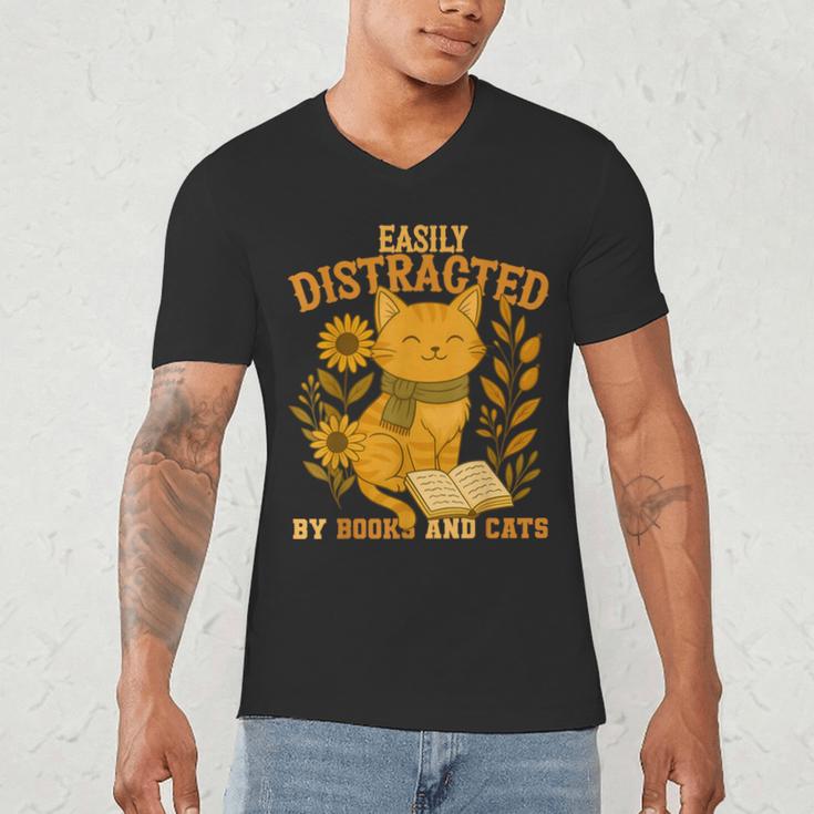 Easily Distracted By Cats And Books Cute Cat Book Lover Men's V-Neck T-Shirt
