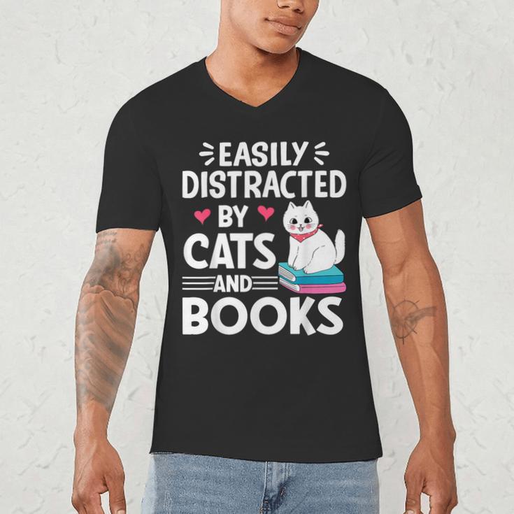 Easily Distracted By Cats And Books Cute Cat And Book Lovers Men's V-Neck T-Shirt