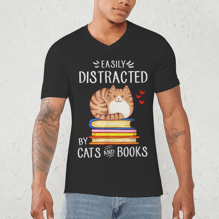 Easily Distracted By Cats And Books Reading Lover Bookish Men's V-Neck T-Shirt Easily Distracted By Cats And Books Reading Lover Bookish Men's V-Neck T-Shirt