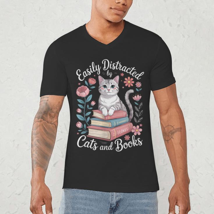 Easily Distracted By Cats And Books Reading Men's V-Neck T-Shirt
