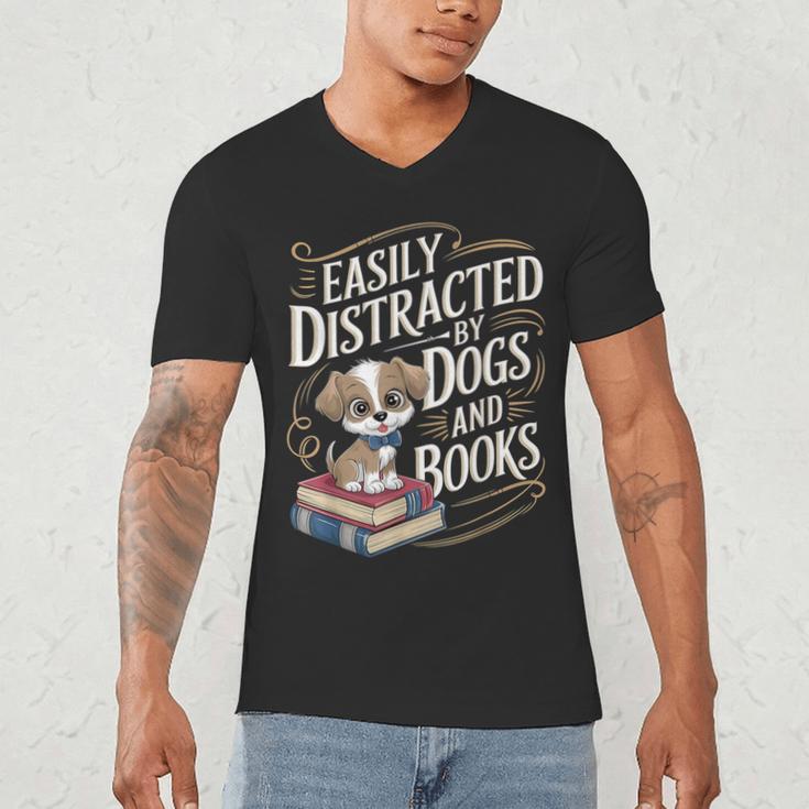 Easily Distracted By Dogs And Books Reader Animal Dog Men's V-Neck T-Shirt