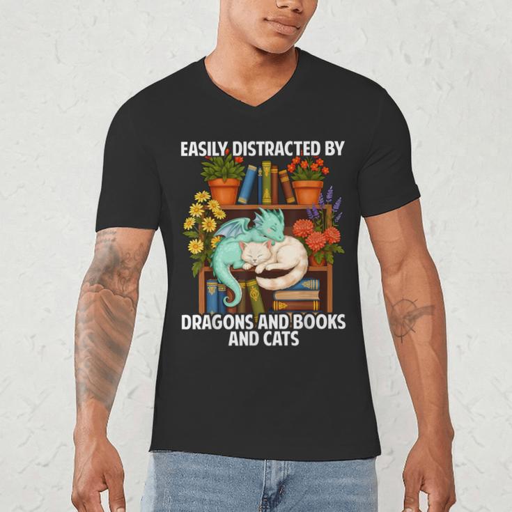 Easily Distracted By Dragons Books Cats Fantasy Book Lover Men's V-Neck T-Shirt