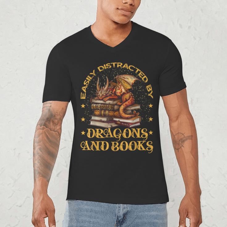 Easily Distracted By Dragons And Books Fantasy Book Lover Men's V-Neck T-Shirt