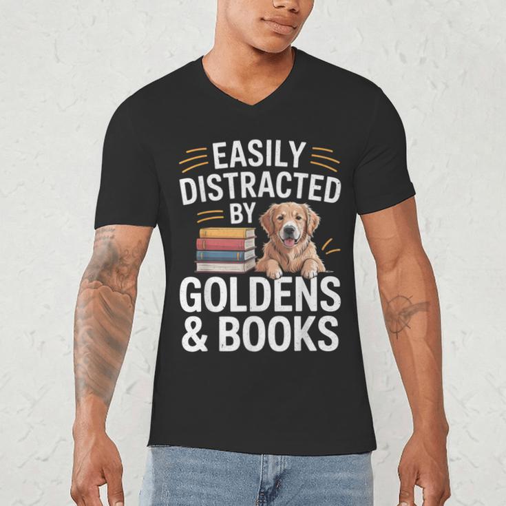 Easily Distracted By Goldens & Books Golden Retriever Dog Men's V-Neck T-Shirt