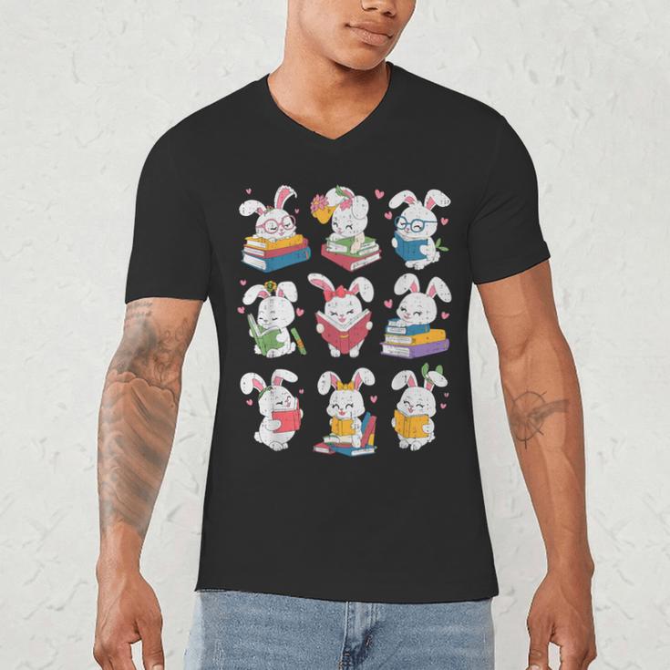 Easter Teacher Cute Bunny Reding Books Librarian Bookworm Men's V-Neck T-Shirt Easter Teacher Cute Bunny Reding Books Librarian Bookworm Men's V-Neck T-Shirt