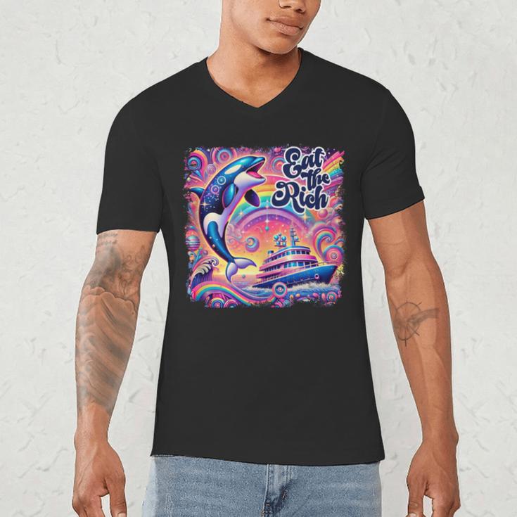 EAT THE RICH 90S NOSTALGIA WHALE ORCA YAHCT RETRO Men's V-Neck T-Shirt