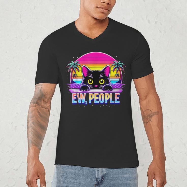 Ew Cat Misanthrope Introvert Synthwave 80s Men's V-Neck T-Shirt