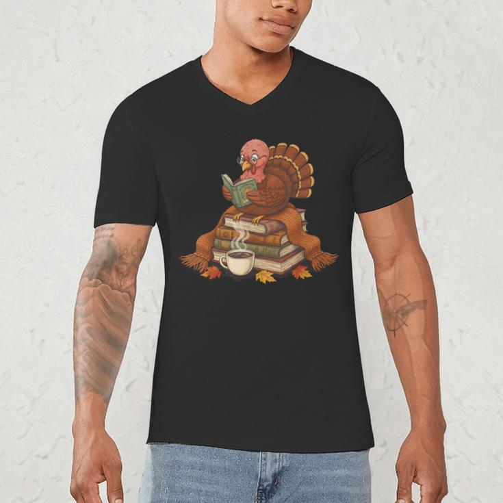 Fall Book Vintage Turkey Thanksgiving Reading Book Lovers Men's V-Neck T-Shirt