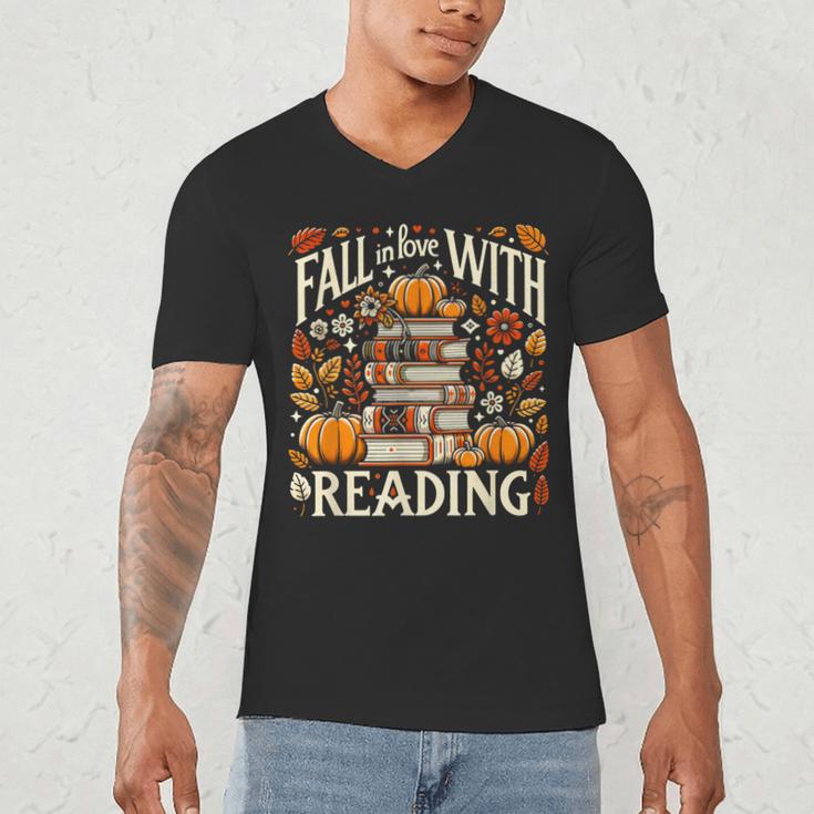 Fall In Love With Reading Book Autumn Pumpkins And Teachers Men's V-Neck T-Shirt