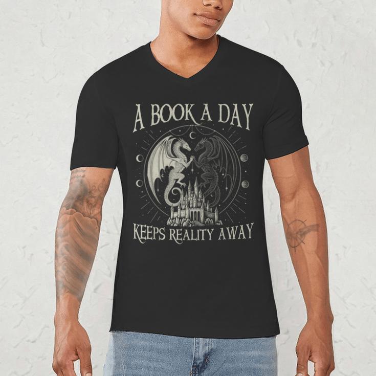 Fantasy Book Club Dragon Reader Book A Day Keep Reality Away Men's V-Neck T-Shirt Fantasy Book Club Dragon Reader Book A Day Keep Reality Away Men's V-Neck T-Shirt