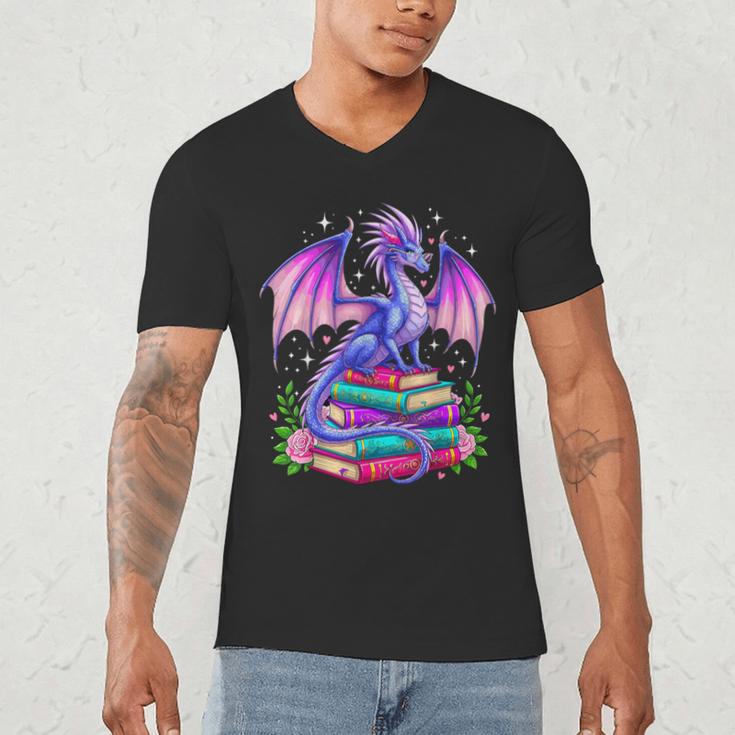 Fantasy Dragon Reading Books Bookworm Men's V-Neck T-Shirt Fantasy Dragon Reading Books Bookworm Men's V-Neck T-Shirt
