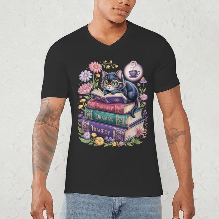 Fantasy Drama Tragedy Cute Cat Book Lover Readers Librarians Men's V-Neck T-Shirt Fantasy Drama Tragedy Cute Cat Book Lover Readers Librarians Men's V-Neck T-Shirt