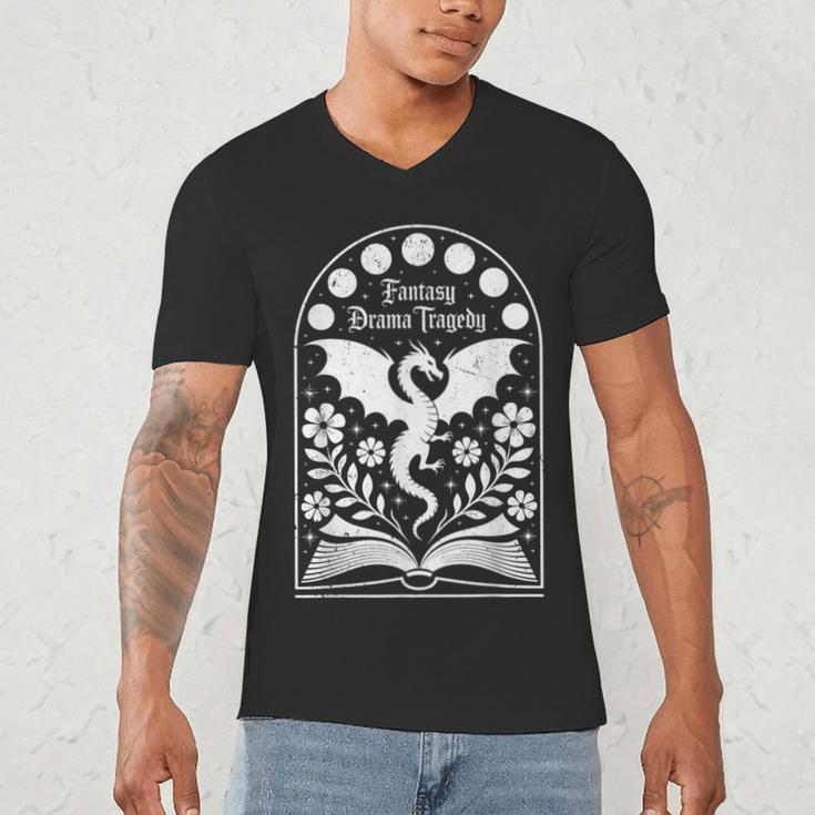Fantasy Drama Tragedy Dragon Book Magic Gothic Moon Phases Men's V-Neck T-Shirt Fantasy Drama Tragedy Dragon Book Magic Gothic Moon Phases Men's V-Neck T-Shirt