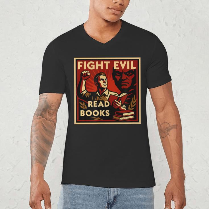 Fight Evil Read Books Propaganda Poster Men's V-Neck T-Shirt