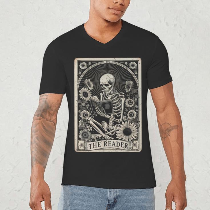 Floral The Reader Tarot Card Skeleton Reading Book Men's V-Neck T-Shirt