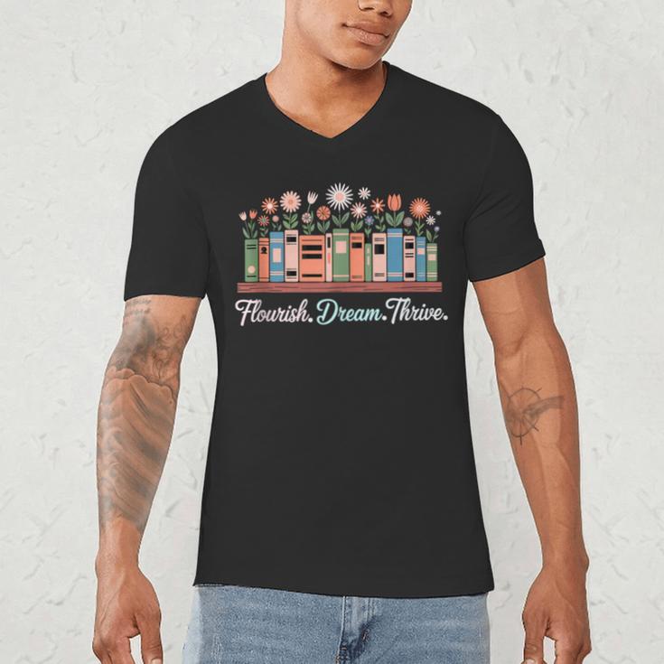 Flourish Dream Thrive Floral Books For Book Lovers Men's V-Neck T-Shirt Flourish Dream Thrive Floral Books For Book Lovers Men's V-Neck T-Shirt