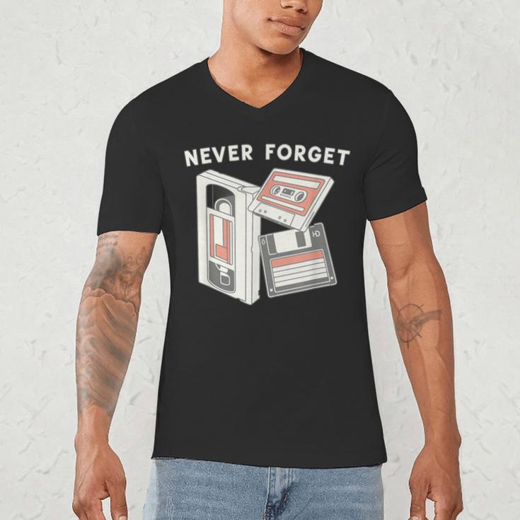 Never Forget VHS Tape Cassette Floppy Disk Nostalgia 80s 90s Men's V-Neck T-Shirt