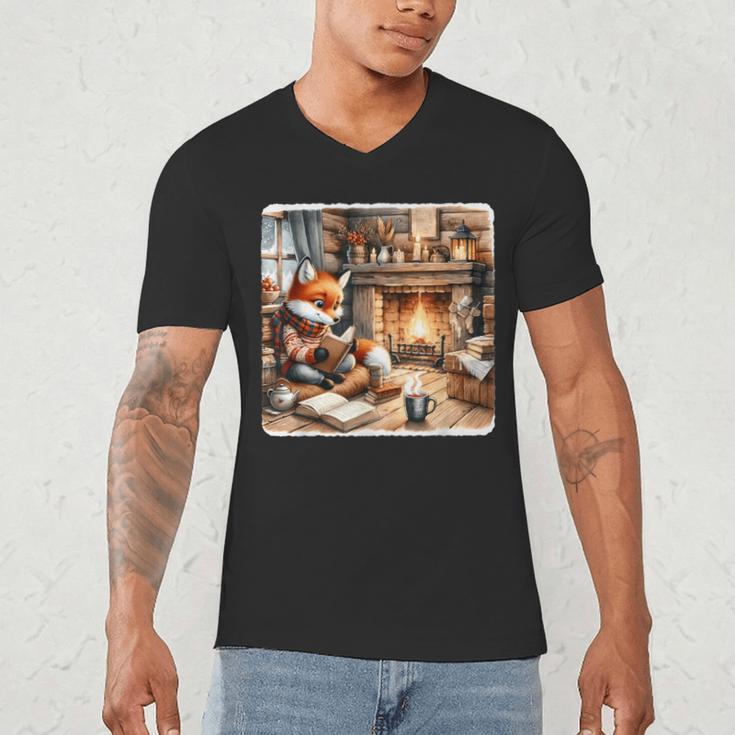 Fox Reads By Fireplace In Cabin Rustic Book Cozy Cup Tea Men's V-Neck T-Shirt