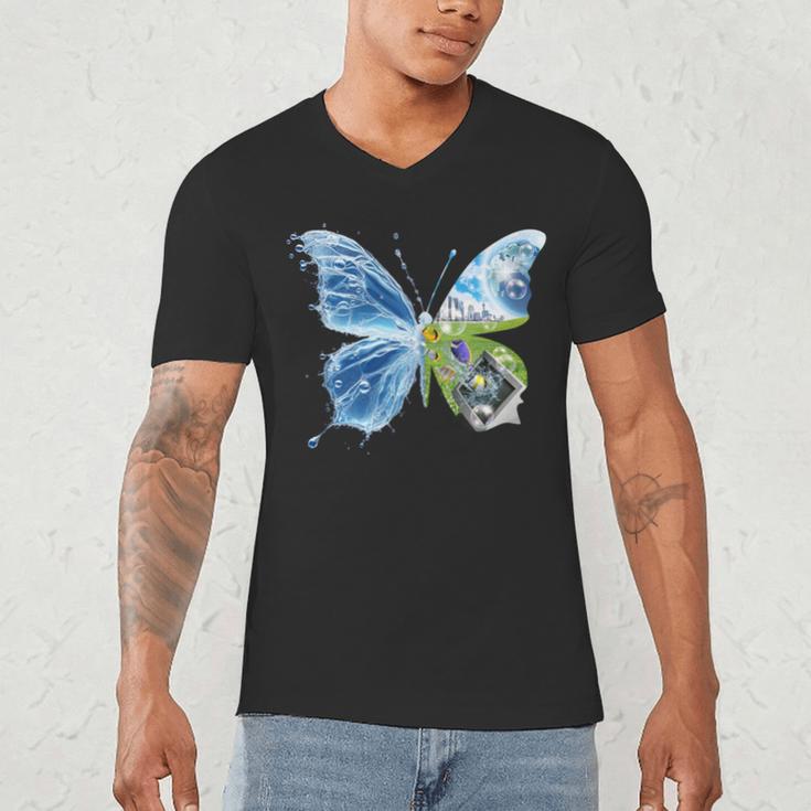 Frutiger Aero Aesthetic Butterfly Computer Fishes Scenery Men's V-Neck T-Shirt