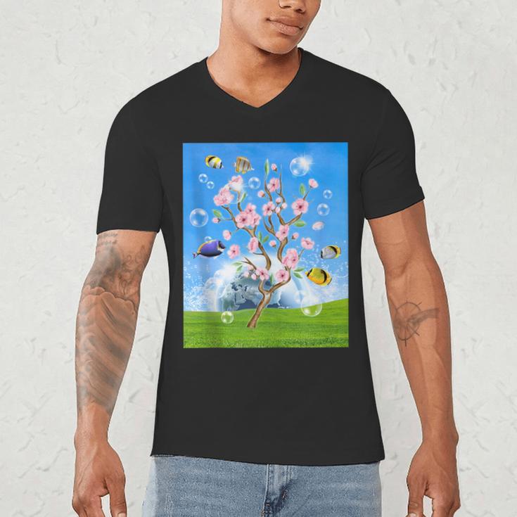 Frutiger Aero Aesthetic Tech Cherry Blossom Fishes Bubbles Men's V-Neck T-Shirt