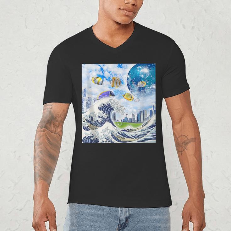 Frutiger Aero Aesthetic Tech Great Wave Of Kanagawa Fishes Men's V-Neck T-Shirt Frutiger Aero Aesthetic Tech Great Wave Of Kanagawa Fishes Men's V-Neck T-Shirt