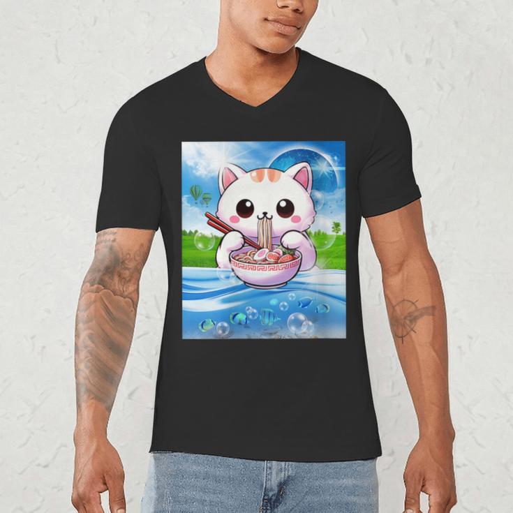 Frutiger Aero Aesthetic Tech Kawaii Ramen Cat Fishes Men's V-Neck T-Shirt Frutiger Aero Aesthetic Tech Kawaii Ramen Cat Fishes Men's V-Neck T-Shirt