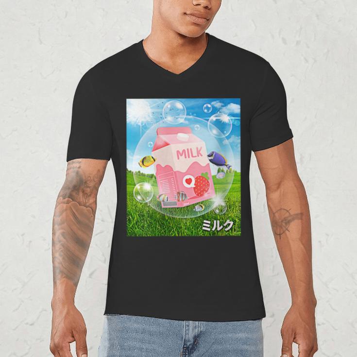 Frutiger Aero Aesthetic Tech Kawaii Strawberry Milk Fishes Men's V-Neck T-Shirt Frutiger Aero Aesthetic Tech Kawaii Strawberry Milk Fishes Men's V-Neck T-Shirt