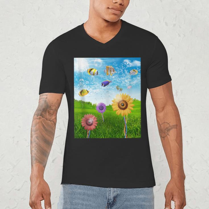 Frutiger Aero Aesthetic Tech Scenery Fishes Sunflower Men's V-Neck T-Shirt Frutiger Aero Aesthetic Tech Scenery Fishes Sunflower Men's V-Neck T-Shirt