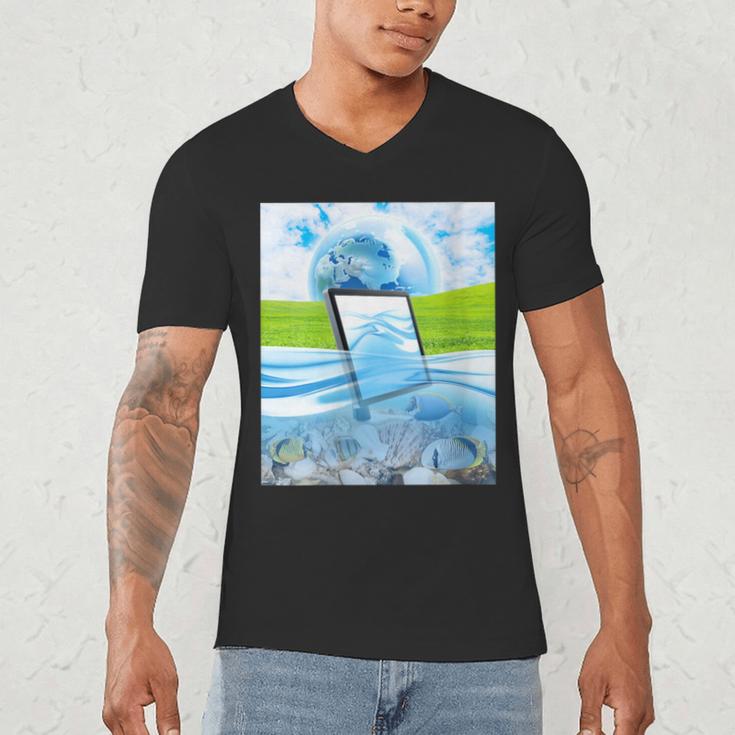 Frutiger Aero Aesthetic Tech Water Fishes Monitor Screen Men's V-Neck T-Shirt Frutiger Aero Aesthetic Tech Water Fishes Monitor Screen Men's V-Neck T-Shirt