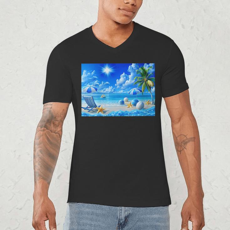 Frutiger Aero Beach Y2k Aesthetic Palm Tree Sand Ocean Men's V-Neck T-Shirt